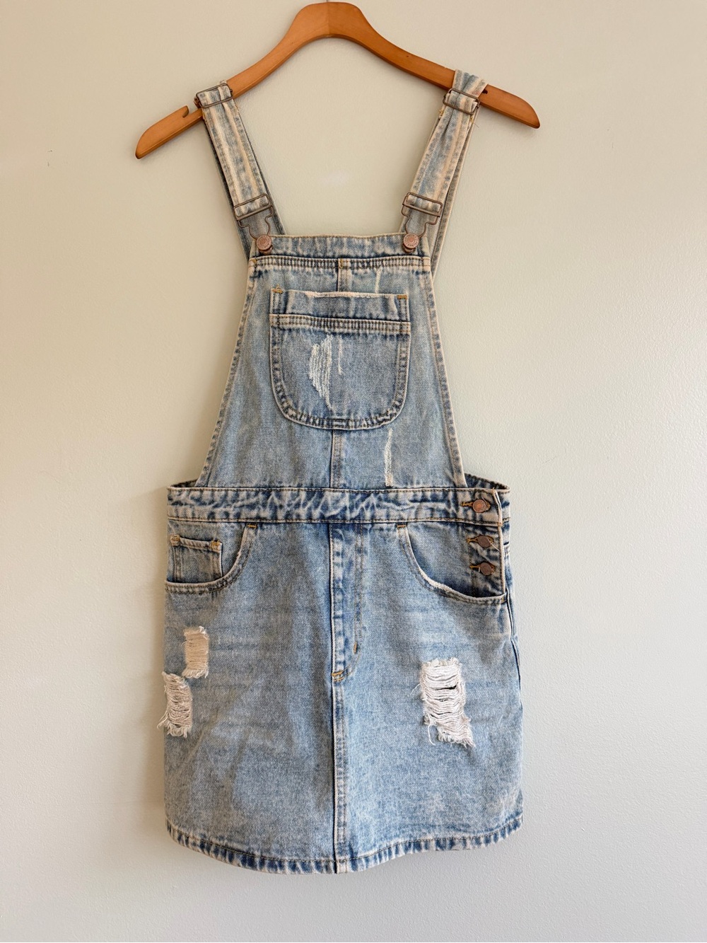 Forever 21 Light Wash Distressed Denim Overall Dress